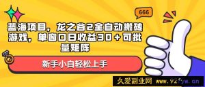 （13769期）蓝海项目，龙之谷2全自动搬砖游戏，单窗口日收益30＋可批量矩阵-就爱副业网