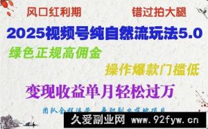 2025视频号纯自然流玩法5.0，绿色正规高佣金，操作爆款门槛低，变现收益单月轻松过万-就爱副业网