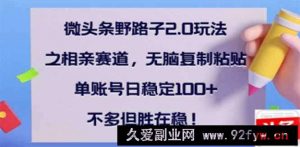 （14334期）微头条野路子2.0玩法之相亲赛道，无脑搬砖复制粘贴，单账号日稳定300+…-就爱副业网